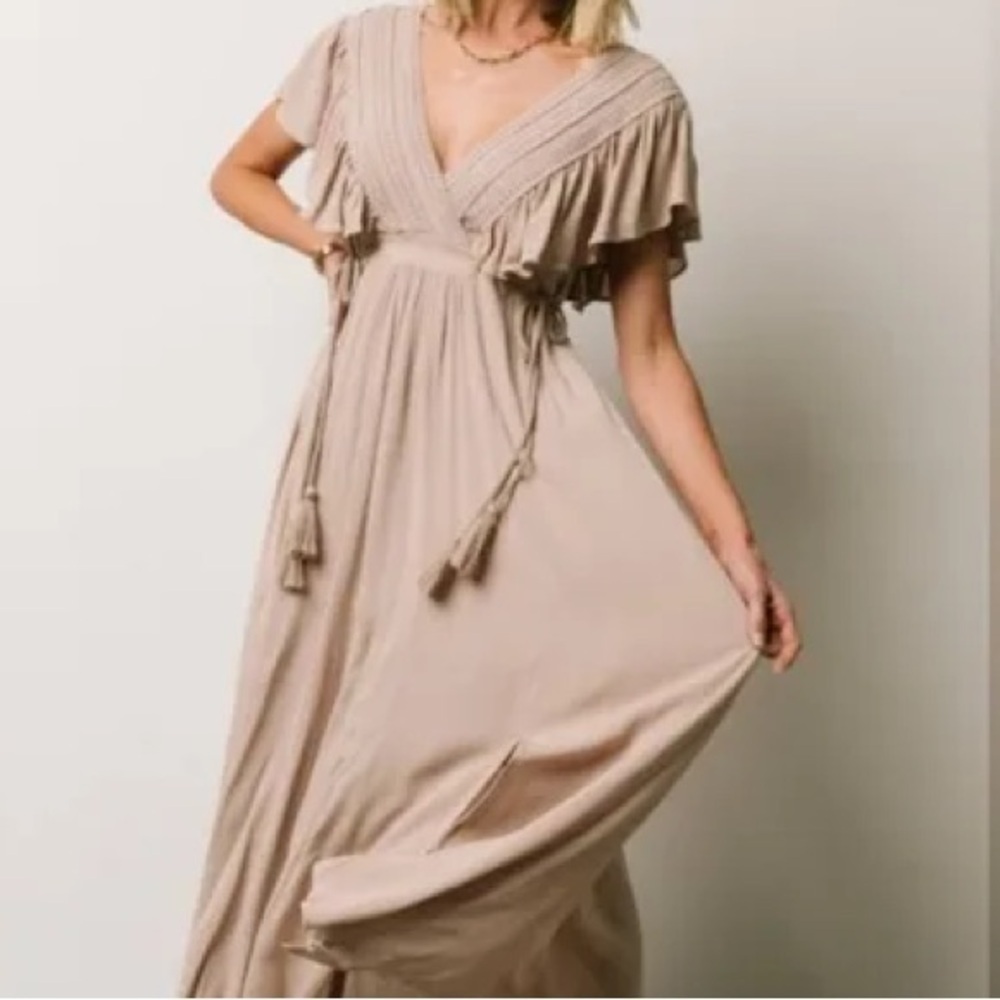 Baltic Born Jennifer Deep V-Neck Ruffle Maxi Dress Neutral Formal